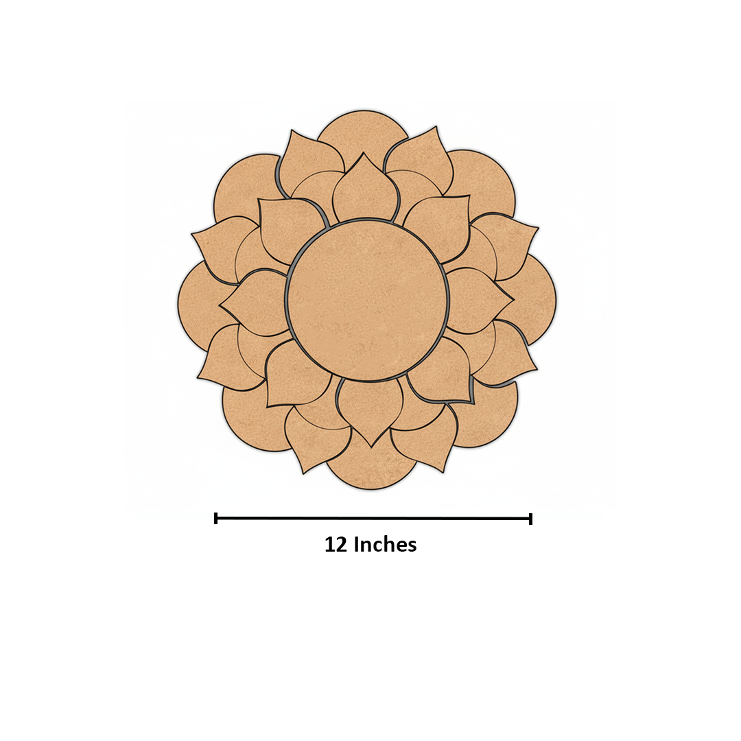 Unpainted MDF lotus mandala rangoli cutout base with layered petal design and central round circle with size