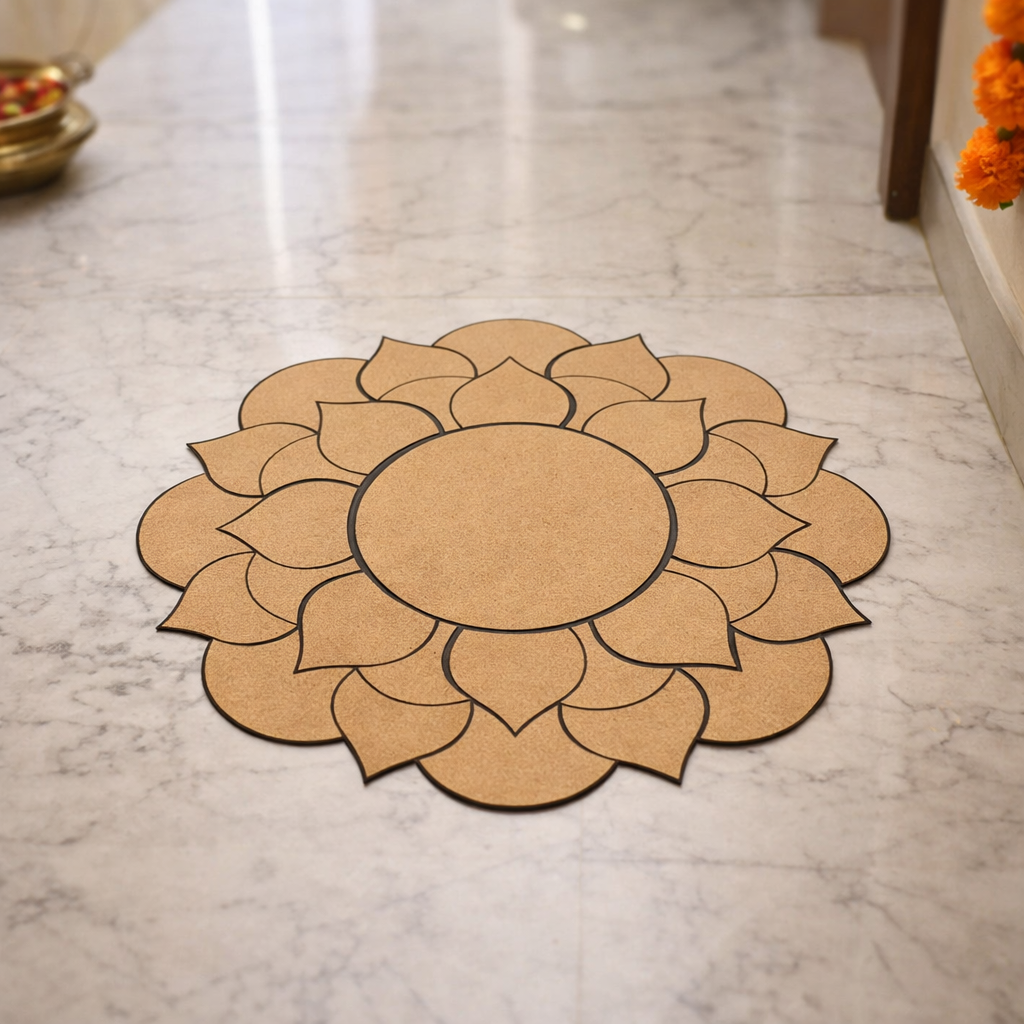 Unpainted MDF lotus mandala rangoli cutout base with layered petal design and central round circle placed on marble floor 