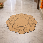Unpainted MDF lotus mandala rangoli cutout base with layered petal design and central round circle placed on marble floor 