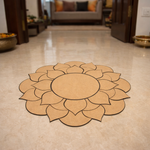 Unpainted MDF lotus mandala rangoli cutout base with layered petal design and central round circle placed on marble floor 