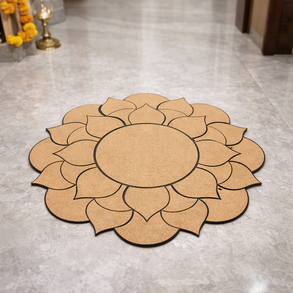 Unpainted MDF lotus mandala rangoli cutout base with layered petal design and central round circle placed on marble floor 