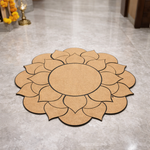 Unpainted MDF lotus mandala rangoli cutout base with layered petal design and central round circle placed on marble floor 