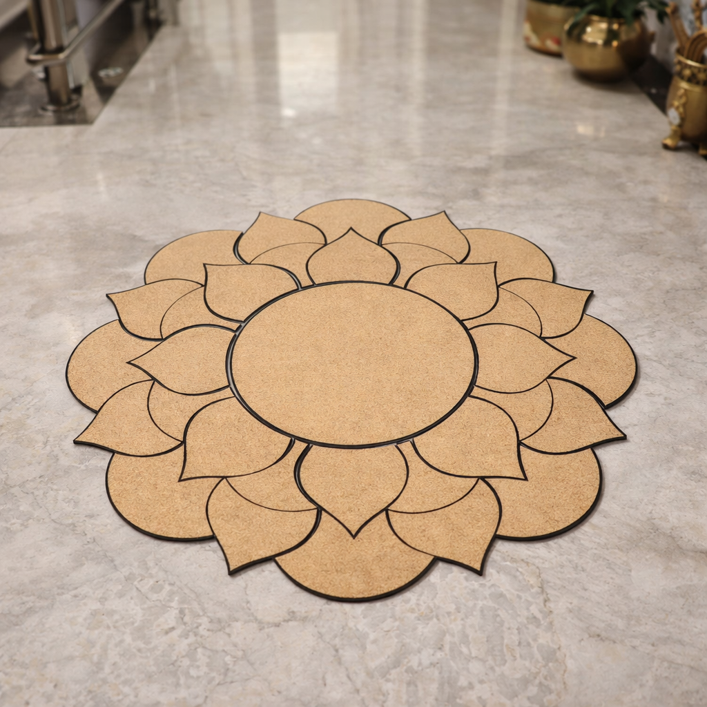 Unpainted MDF lotus mandala rangoli cutout base with layered petal design and central round circle placed on marble floor 