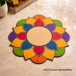 Painted MDF lotus mandala rangoli cutout base with layered petal design and central round circle placed on marble floor 