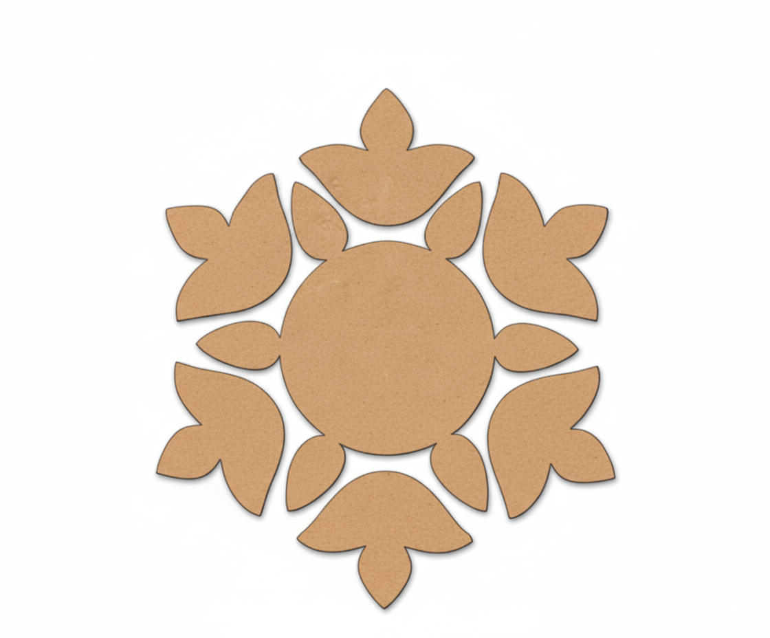 Unpainted MDF floral rangoli cutout set with round centre and surrounding petal shapes arranged in a circular pattern