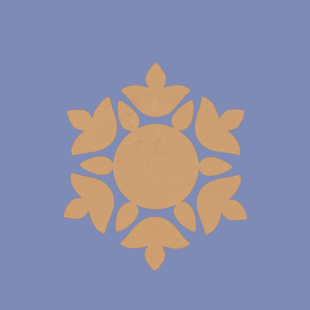 Unpainted MDF floral rangoli cutout set with round centre and surrounding petal shapes arranged in a circular pattern with blue background 