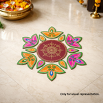 painted MDF floral rangoli cutout set with round centre and surrounding petal shapes arranged in a circular pattern placed on marble floor 