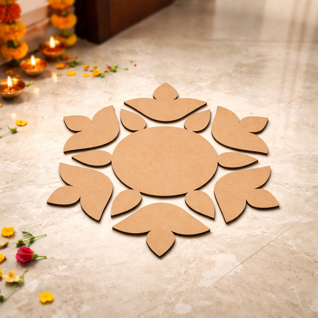 Unpainted MDF floral rangoli cutout set with round centre and surrounding petal shapes arranged in a circular pattern placed on marble floor 