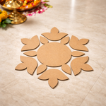 Unpainted MDF floral rangoli cutout set with round centre and surrounding petal shapes arranged in a circular pattern placed on marble floor 