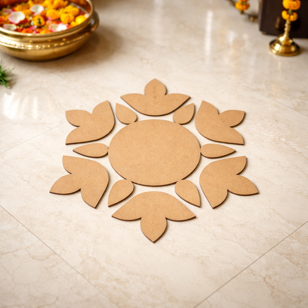 Unpainted MDF floral rangoli cutout set with round centre and surrounding petal shapes arranged in a circular pattern placed on marble floor 
