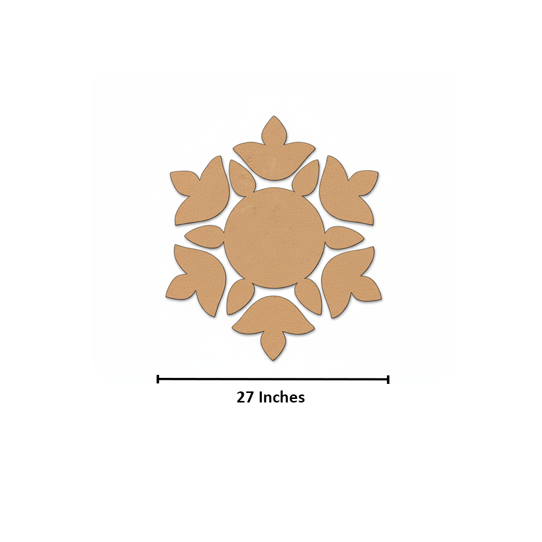 Unpainted MDF floral rangoli cutout set with round centre and surrounding petal shapes arranged in a circular pattern with size