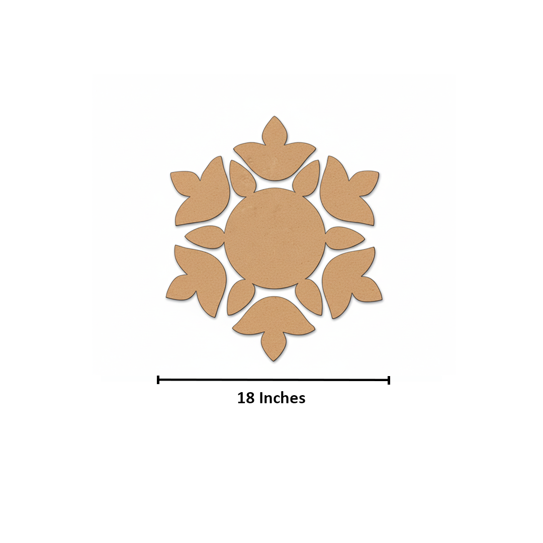 Unpainted MDF floral rangoli cutout set with round centre and surrounding petal shapes arranged in a circular pattern with size