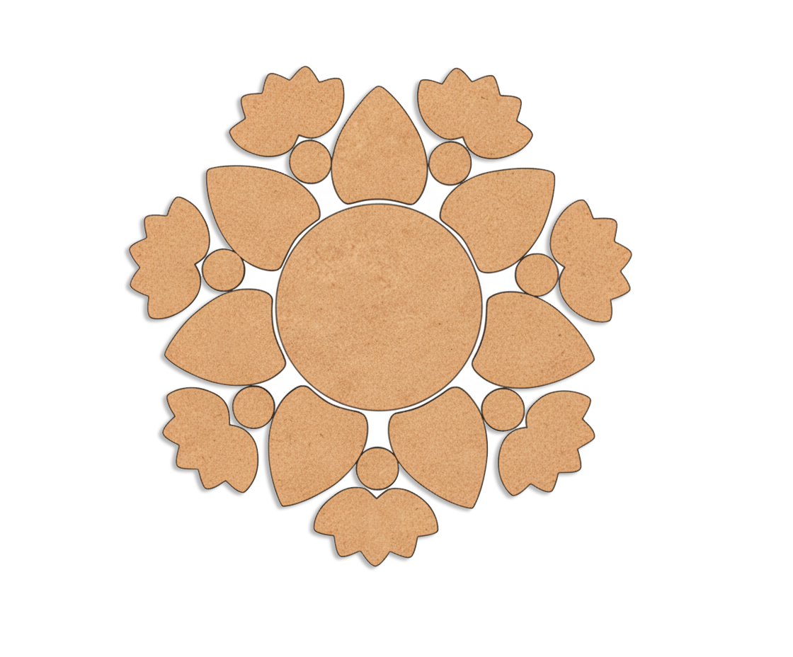 Unpainted MDF floral leaf rangoli cutout set with central round base surrounded by leaf and flower shapes in a circular pattern