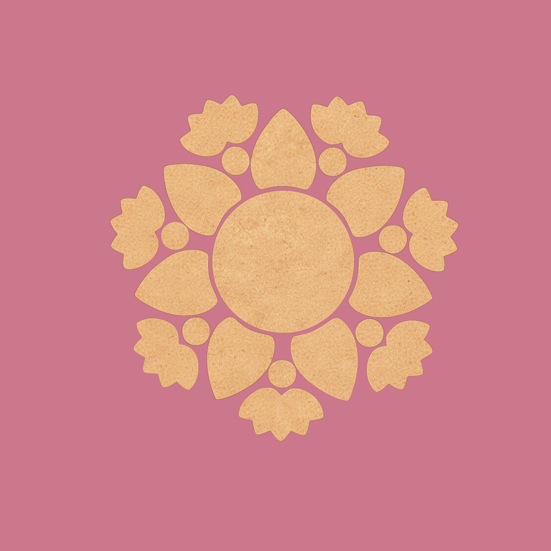 Unpainted MDF floral leaf rangoli cutout set with central round base surrounded by leaf and flower shapes in a circular pattern on pink backgrund