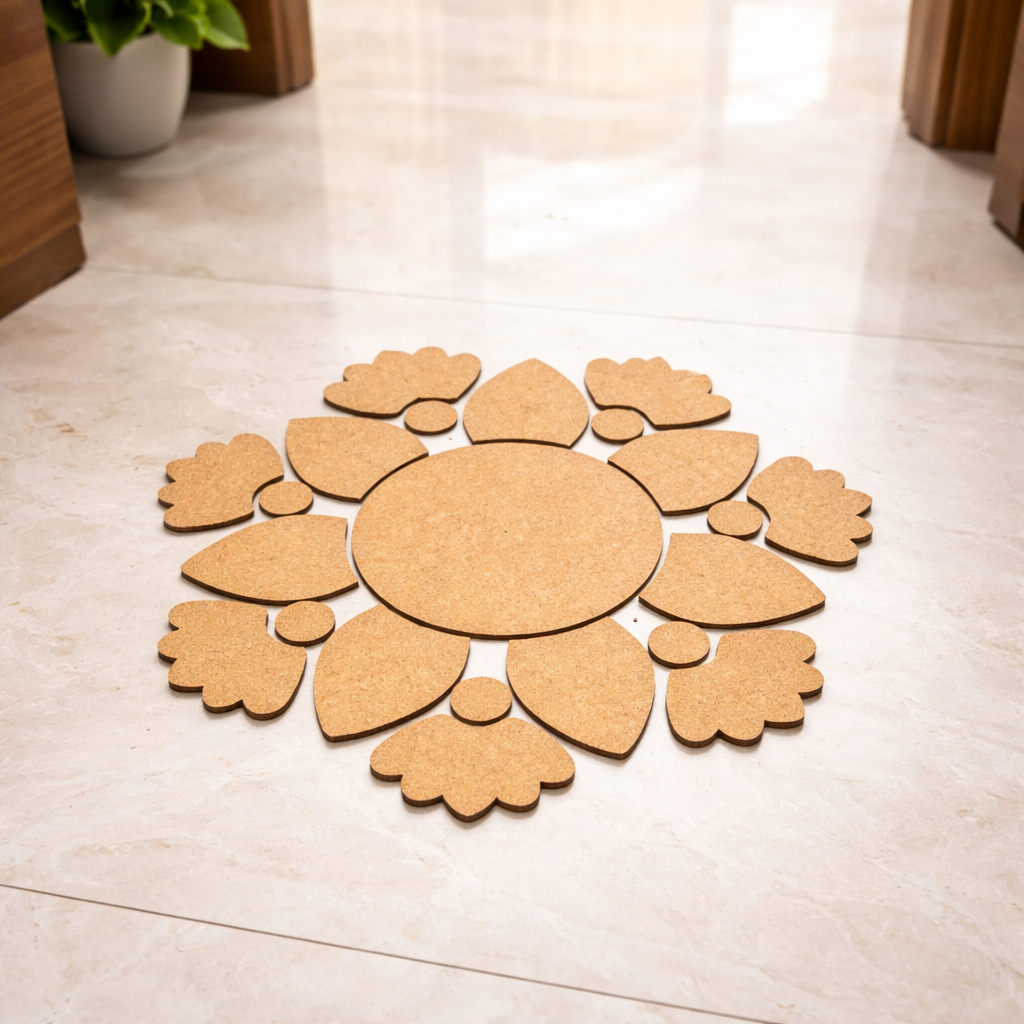 Unpainted MDF floral leaf rangoli cutout set with central round base surrounded by leaf and flower shapes in a circular pattern placed on marble floor