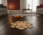 Unpainted MDF floral leaf rangoli cutout set with central round base surrounded by leaf and flower shapes in a circular pattern placed on floor