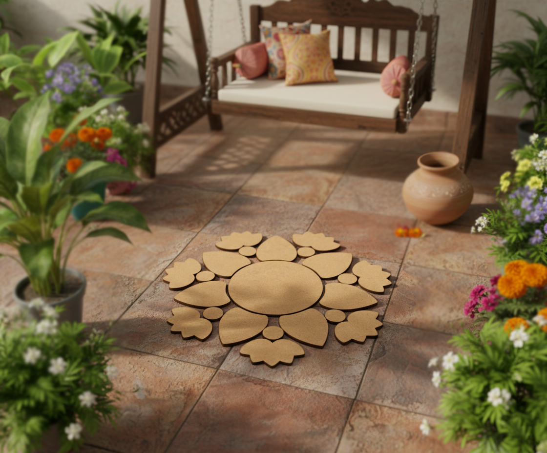Unpainted MDF floral leaf rangoli cutout set with central round base surrounded by leaf and flower shapes in a circular pattern placed on marble floor