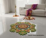 Painted MDF floral leaf rangoli cutout set with central round base surrounded by leaf and flower shapes in a circular pattern placed on marble floor