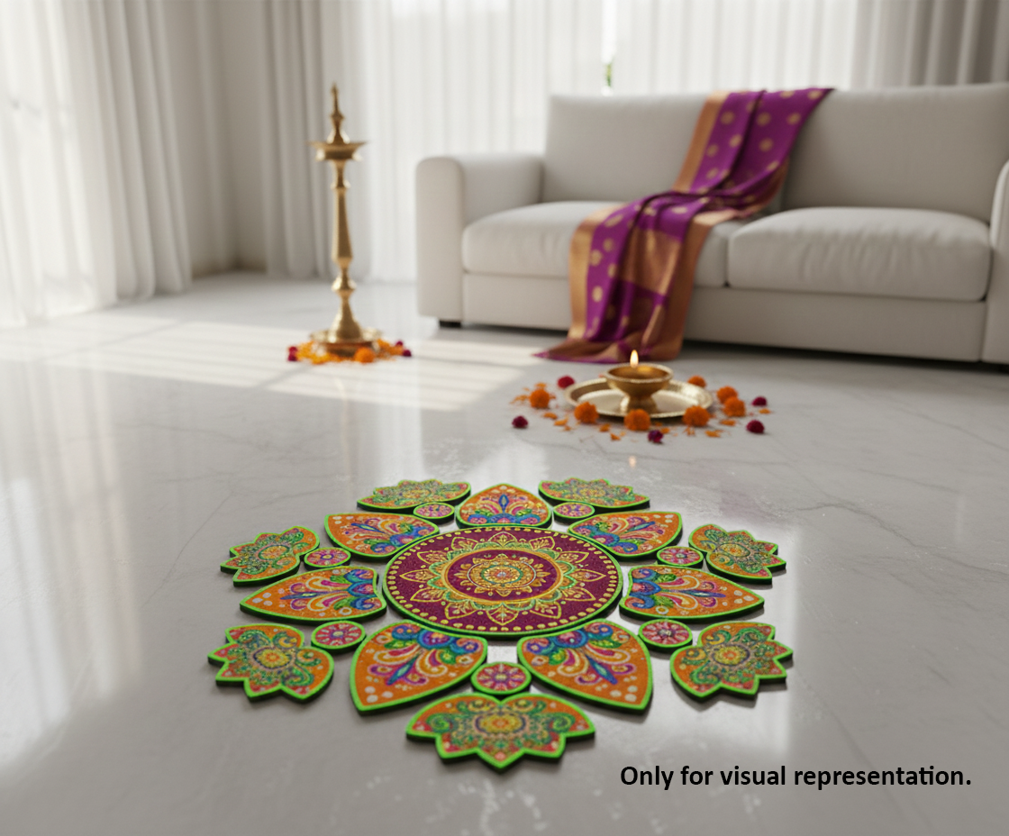 Painted MDF floral leaf rangoli cutout set with central round base surrounded by leaf and flower shapes in a circular pattern placed on marble floor