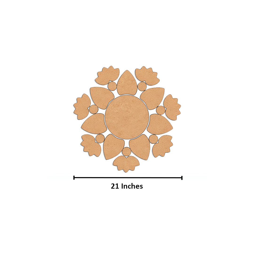 Unpainted MDF floral leaf rangoli cutout set with central round base surrounded by leaf and flower shapes in a circular pattern with size