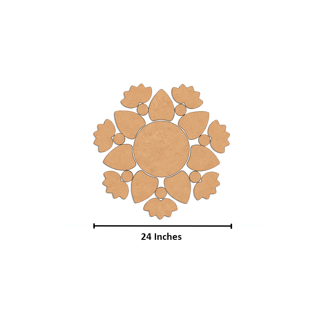 Unpainted MDF floral leaf rangoli cutout set with central round base surrounded by leaf and flower shapes in a circular pattern with size
