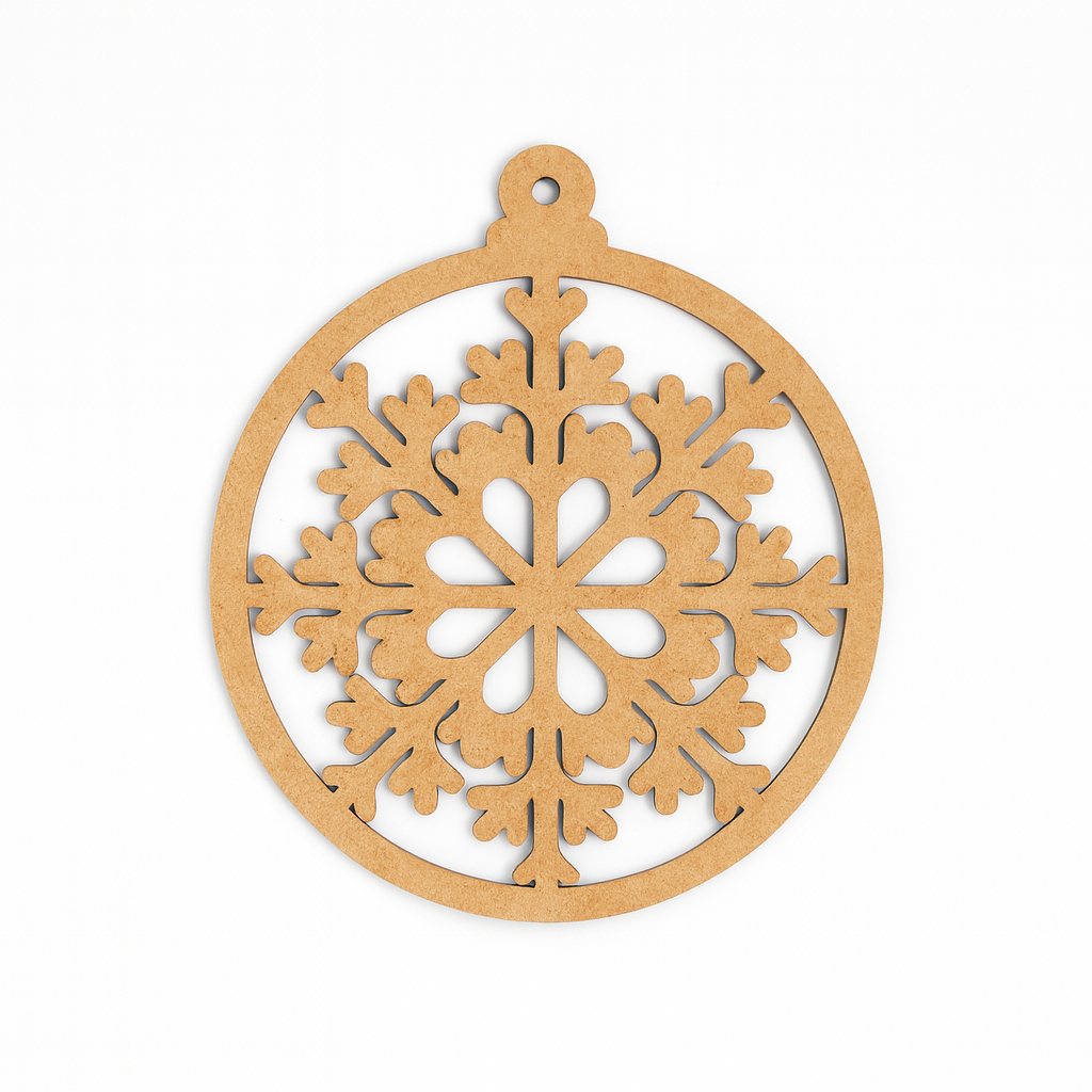 Round DIY MDF floral snowflake ornament cutout with hanging loop, paintable Christmas craft  for decoration.