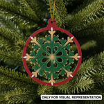 Round DIY MDF floral snowflake ornament coloured cutout with hanging loop, paintable Christmas craft hanging on Christmas tree (visual representation)
