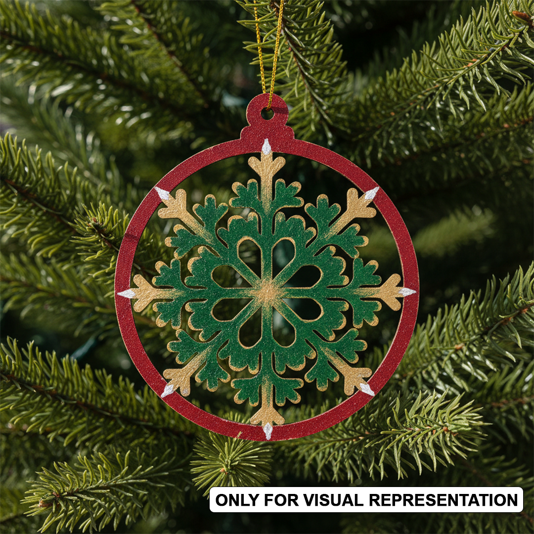 Round DIY MDF floral snowflake ornament coloured cutout with hanging loop, paintable Christmas craft hanging on Christmas tree (visual representation)