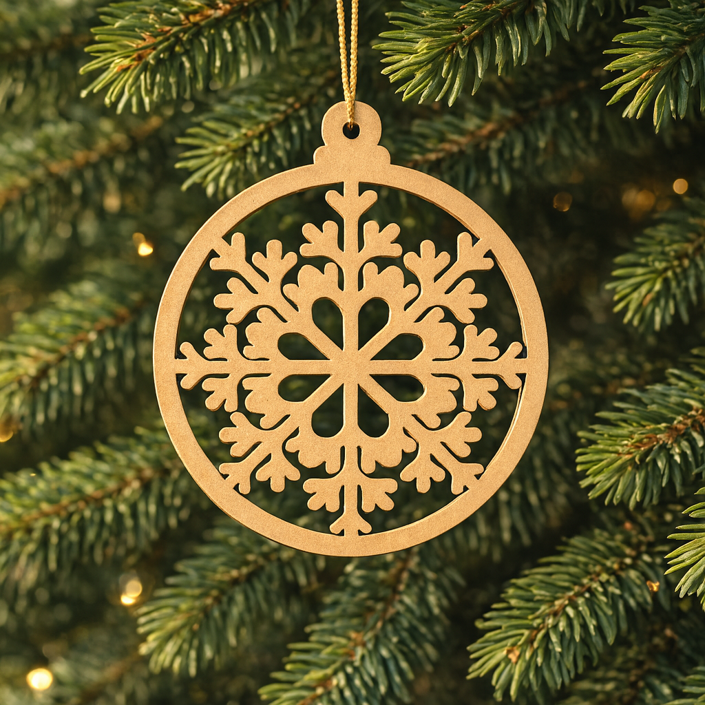 Round DIY MDF floral snowflake ornament cutout with hanging loop, paintable Christmas craft hanging on Christmas tree