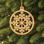 Round DIY MDF floral snowflake ornament cutout with hanging loop, paintable Christmas craft hanging on Christmas tree