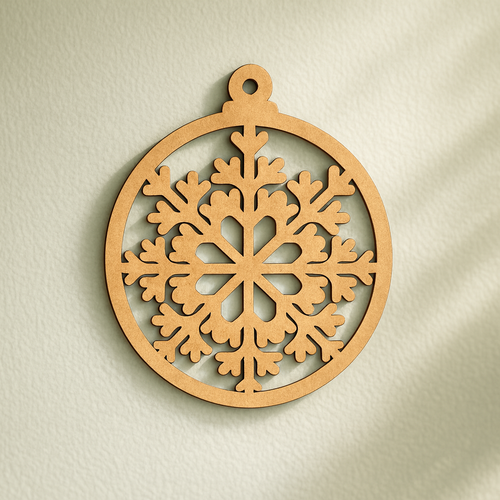 Round DIY MDF floral snowflake ornament cutout with hanging loop, paintable Christmas craft hanging on wall
