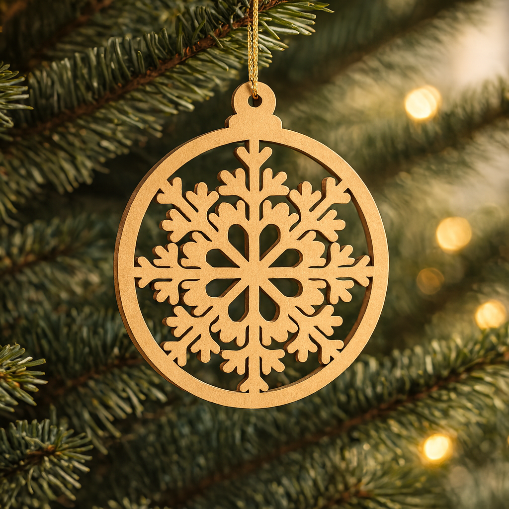 Round DIY MDF floral snowflake ornament cutout with hanging loop, paintable Christmas craft hanging on Christmas tree