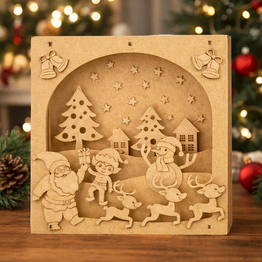 DIY MDF 3D Christmas shadow box scene with Santa, elf, reindeer, snowman and village, layered craft decor base standing on table 