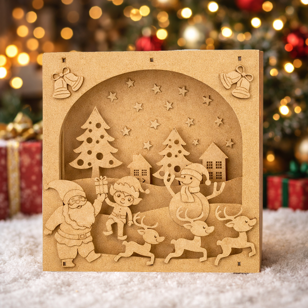 DIY MDF 3D Christmas shadow box scene with Santa, elf, reindeer, snowman and village, layered craft decor base standing on table 