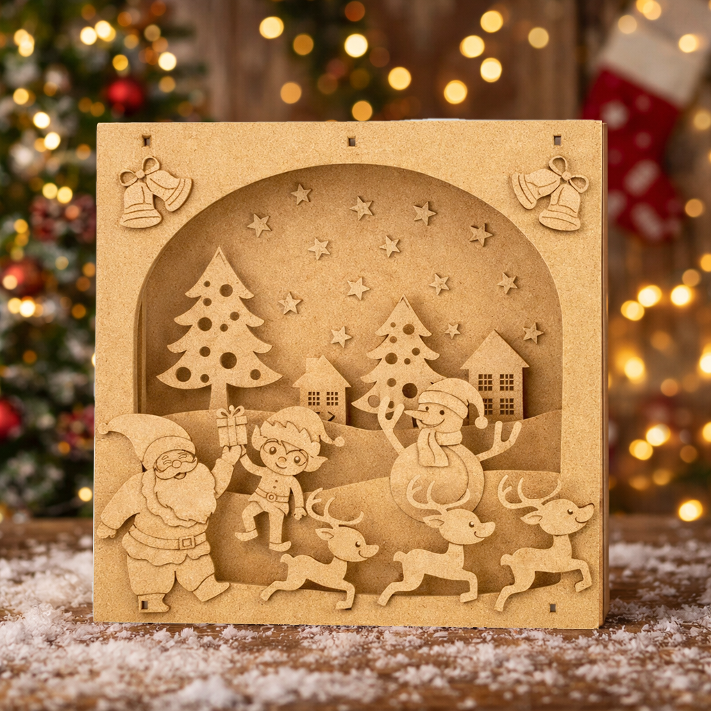 DIY MDF 3D Christmas shadow box scene with Santa, elf, reindeer, snowman and village, layered craft decor base standing on table 