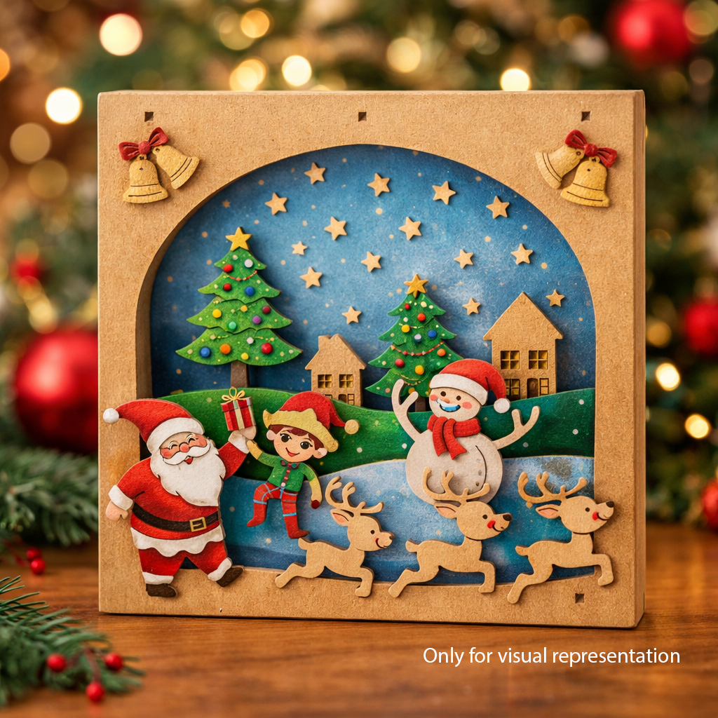 DIY MDF 3D Christmas shadow box scene with Santa, elf, reindeer, snowman and village, layered coloued cutout craft decor base standing on table (visual representation)