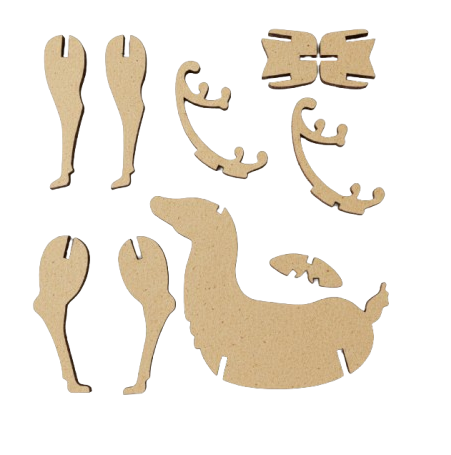 Unassembled MDF reindeer DIY kit with separate laser-cut body, legs and antler parts for craft assembly