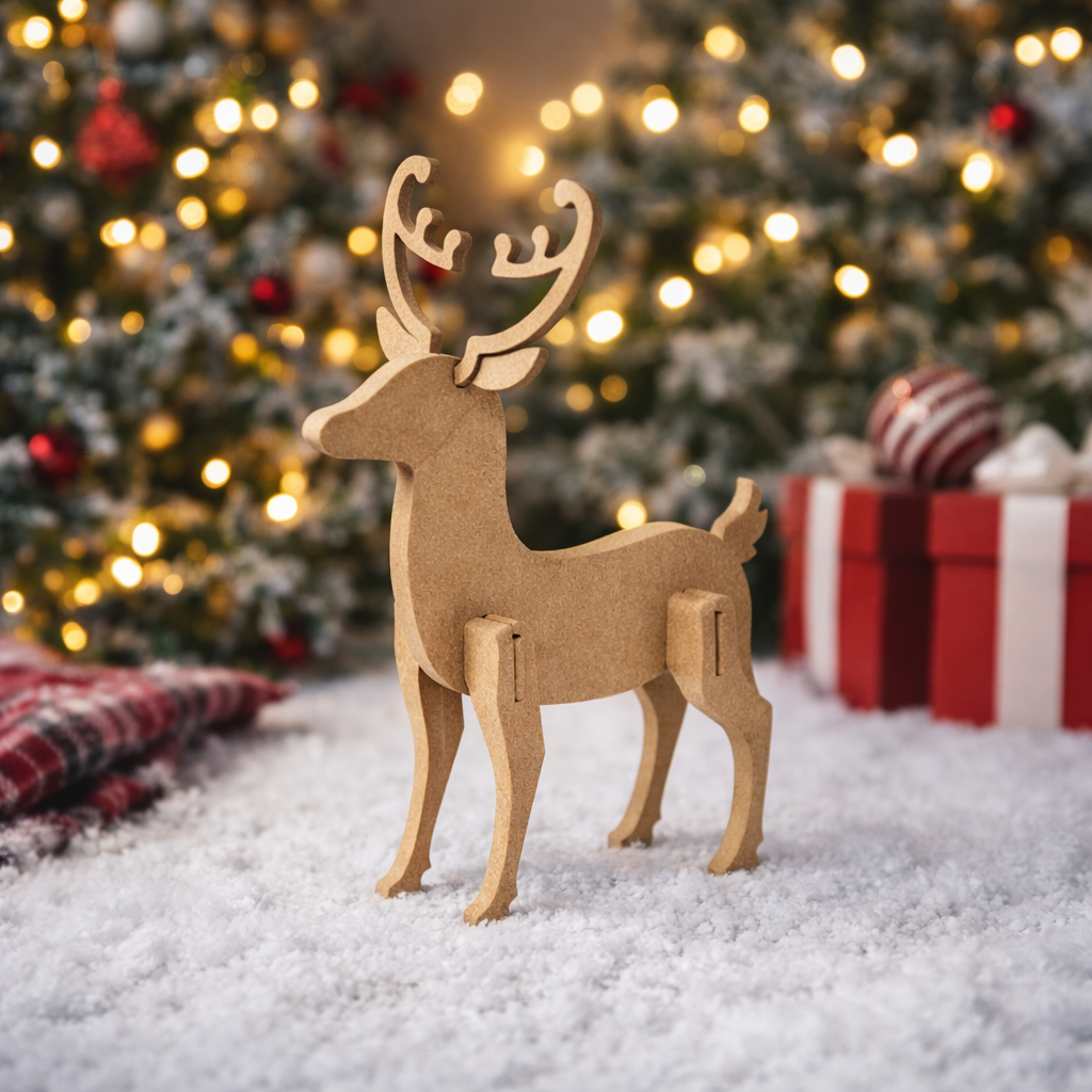 Assembled MDF reindeer figurine with antlers, standing 3D DIY craft decoration for Christmas and home décor on Christmas table 