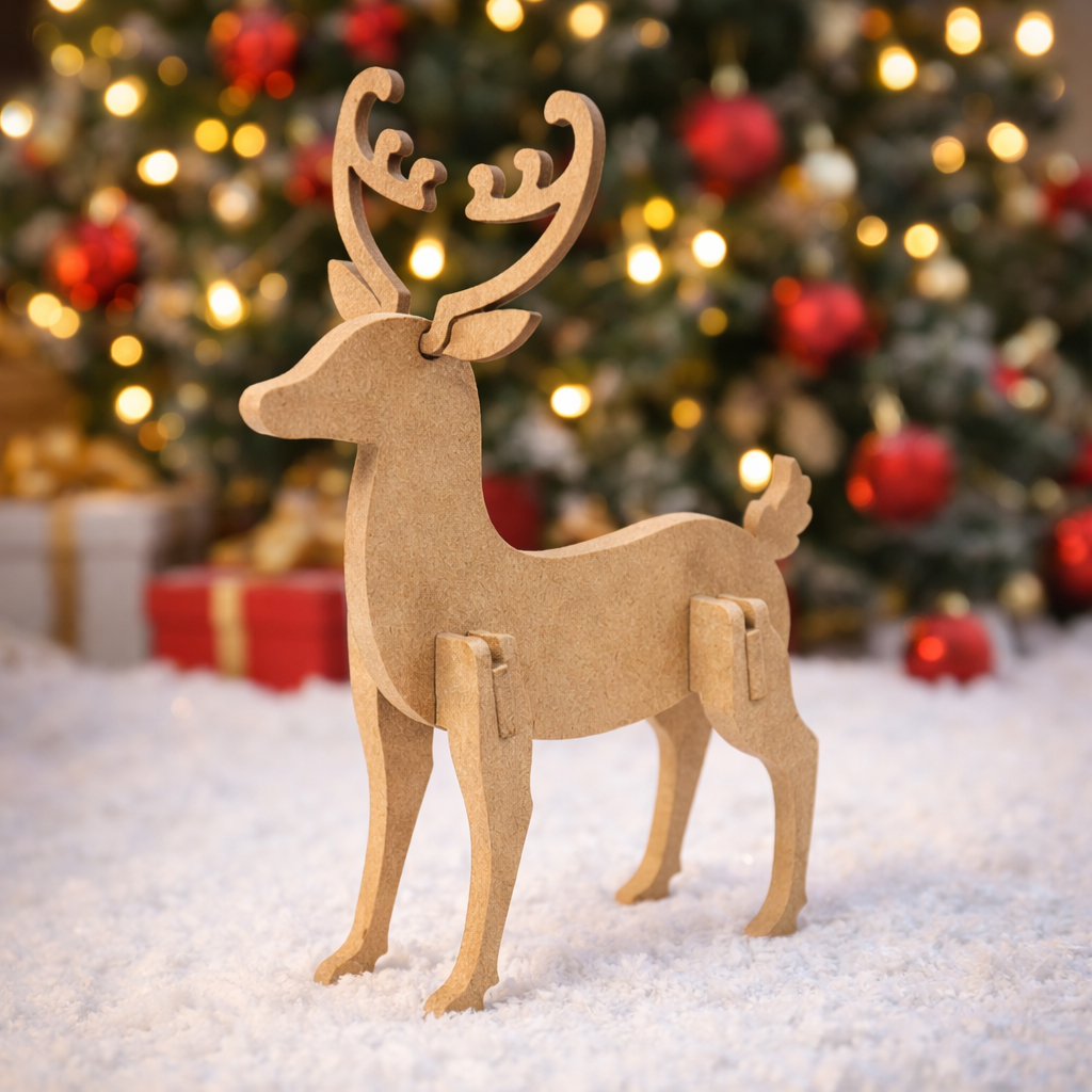 Assembled MDF reindeer figurine with antlers, standing 3D DIY craft decoration for Christmas and home décor