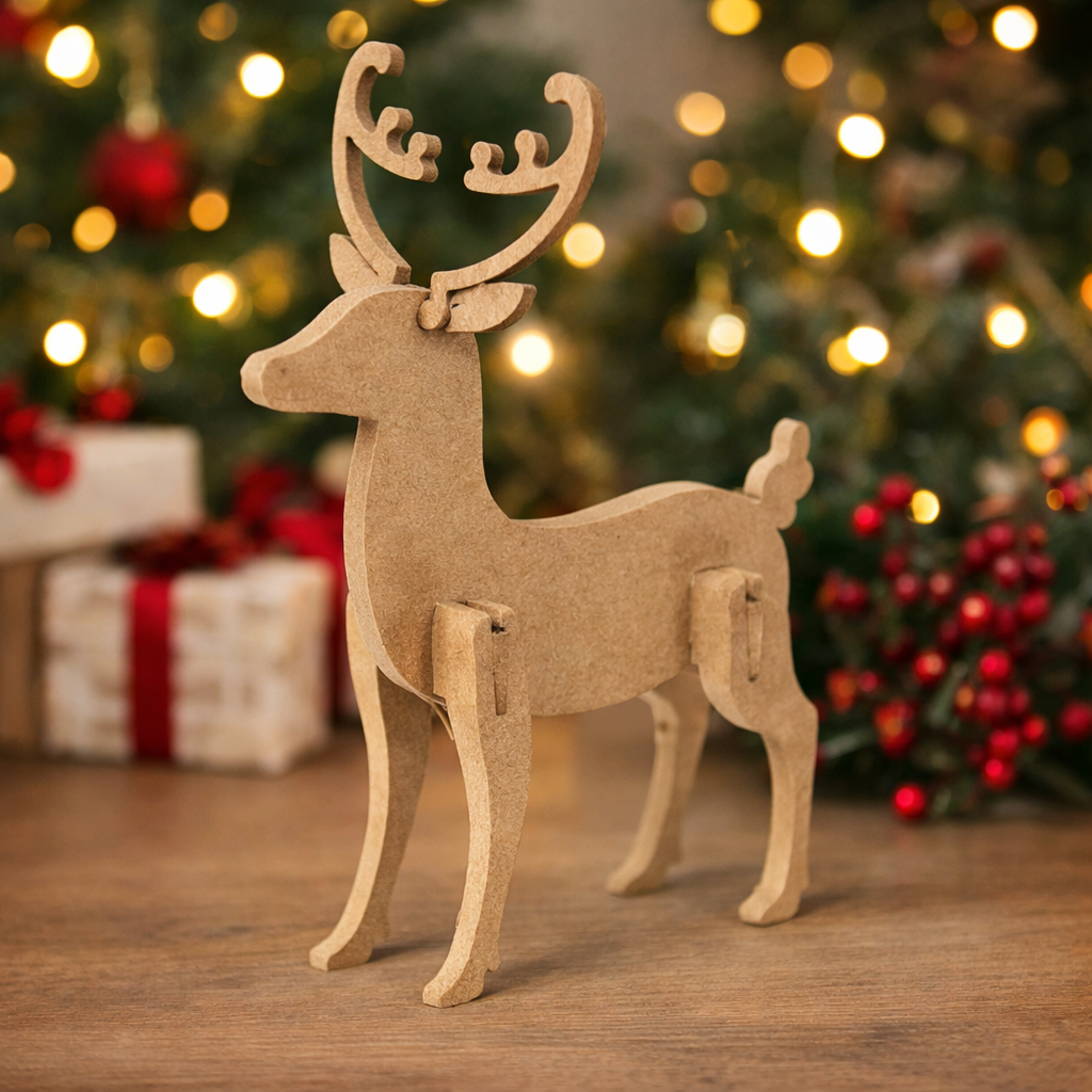 Assembled MDF reindeer figurine with antlers, standing 3D DIY craft decoration for Christmas and home décor standing on table 