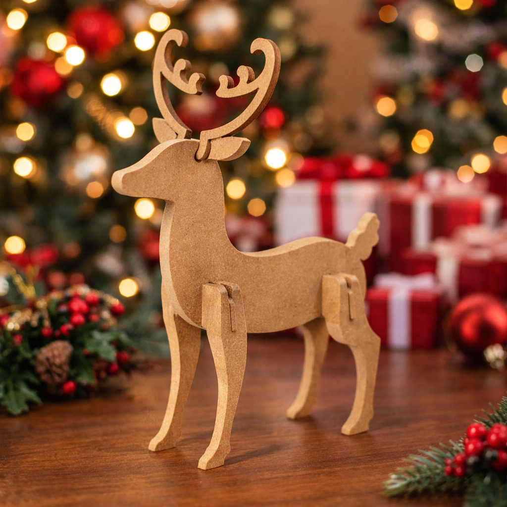 Assembled MDF reindeer figurine with antlers, standing 3D DIY craft decoration for Christmas and home décor on table 