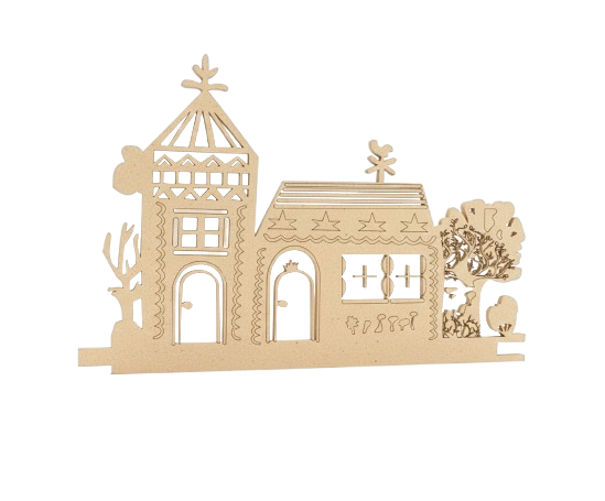 DIY MDF Christmas village cutout with tower house, cottage, and trees in laser-cut design for holiday décor and painting