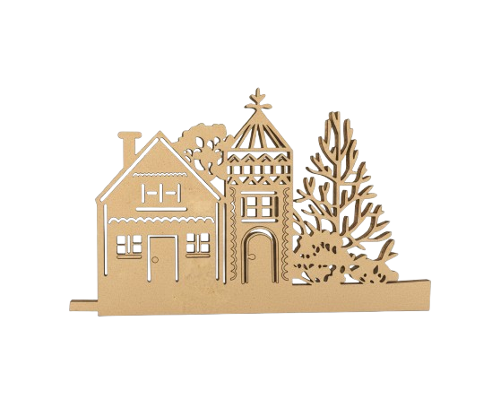 Unpainted MDF Christmas village scene cutout with two houses, trees, and fine laser details for DIY craft decoration.