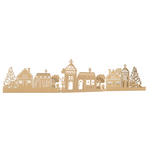 DIY MDF Christmas village skyline cutout with houses and trees, laser-cut mantel decor base for painting and DIY display.