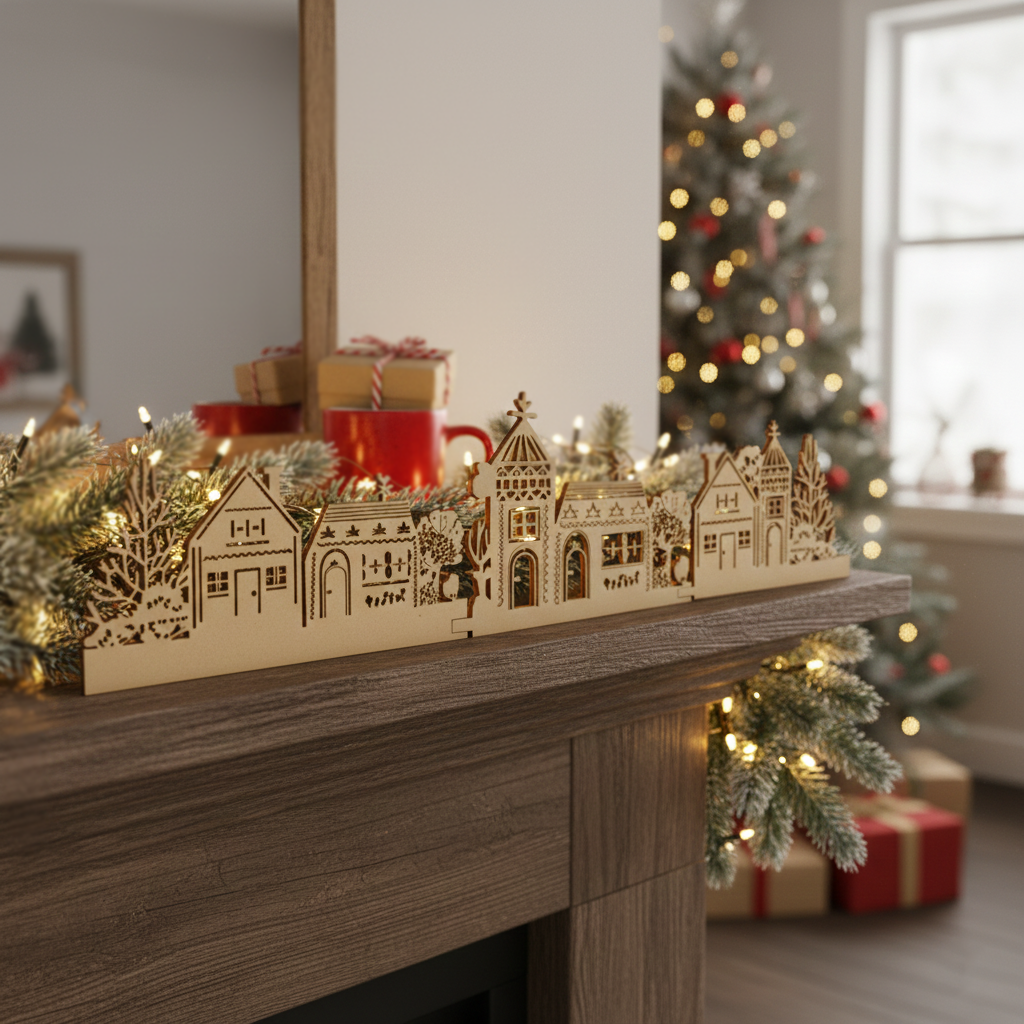 DIY Christmas village MDF décor with LED lights displayed on table in holiday living room setting 