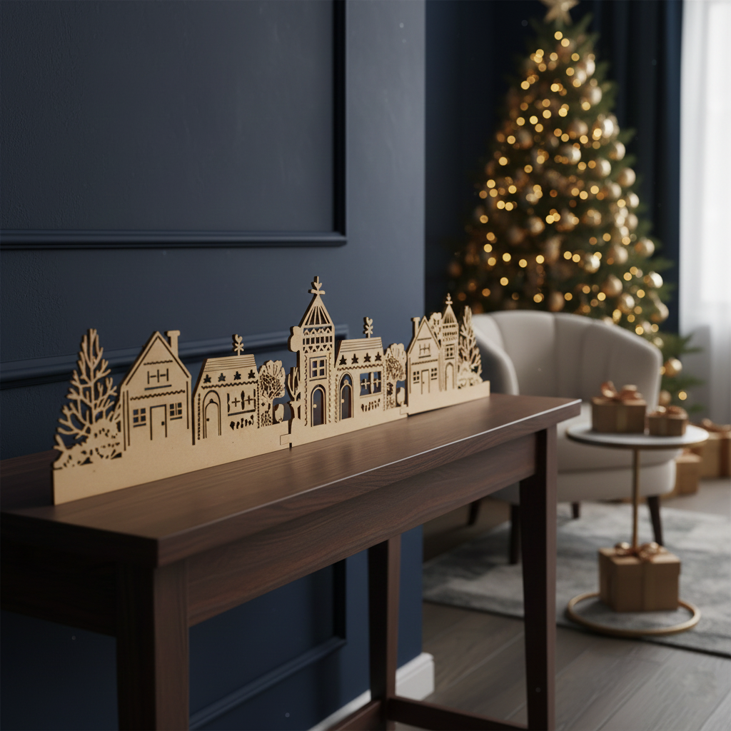 DIY Christmas village MDF décor with LED lights displayed on table in holiday living room setting 