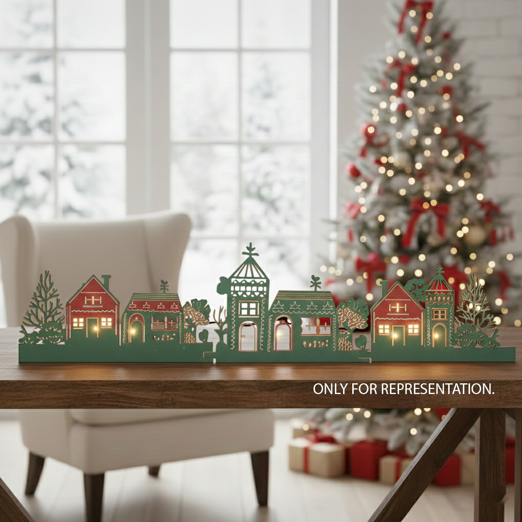 Painted Christmas village MDF décor with LED lights displayed on table in holiday living room setting – representation image only