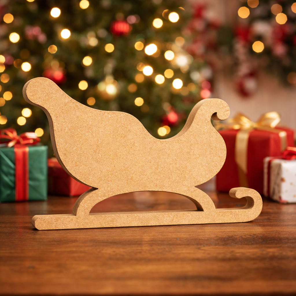 DIY MDF Santa sleigh cutout for Christmas table decor, paintable MDF craft base for festive centerpiece standing on table