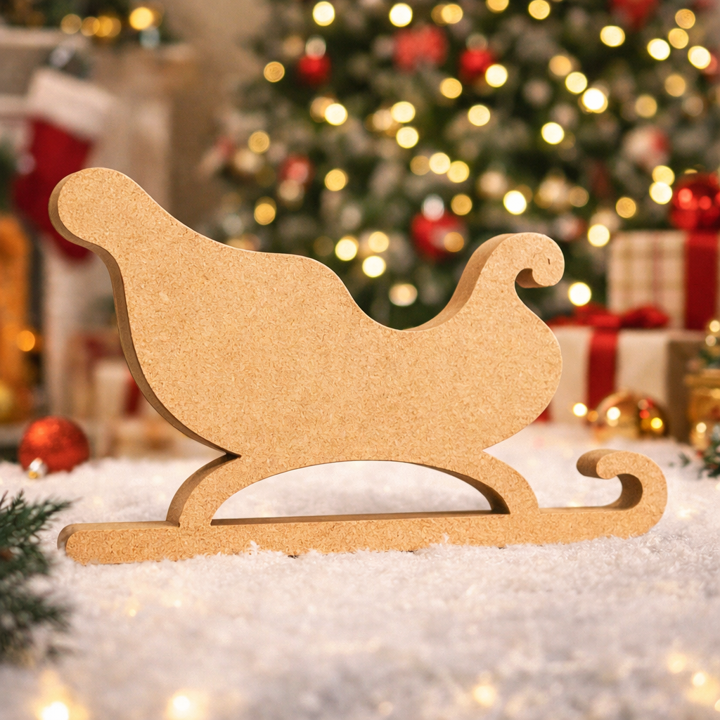 DIY MDF Santa sleigh cutout for Christmas table decor, paintable MDF craft base for festive centerpiece standing on table