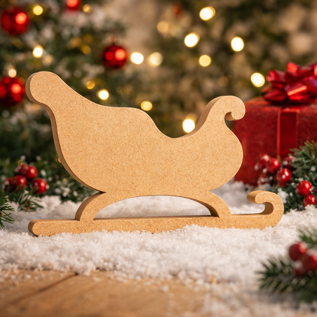DIY MDF Santa sleigh cutout for Christmas table decor, paintable MDF craft base for festive centerpiece standing on table